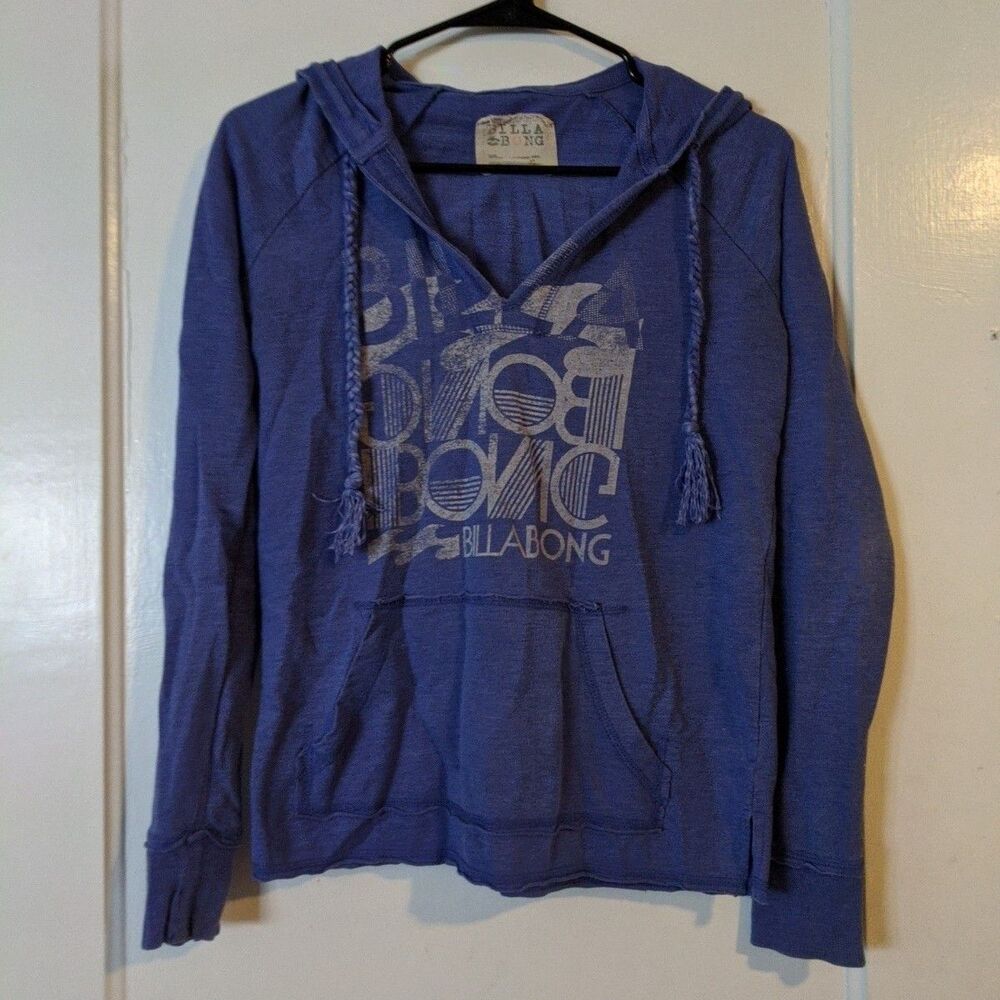 Billabong Hoodie S Blue Fray Hem Distress Vintage Grunge Prep Beach Pocket Boho
